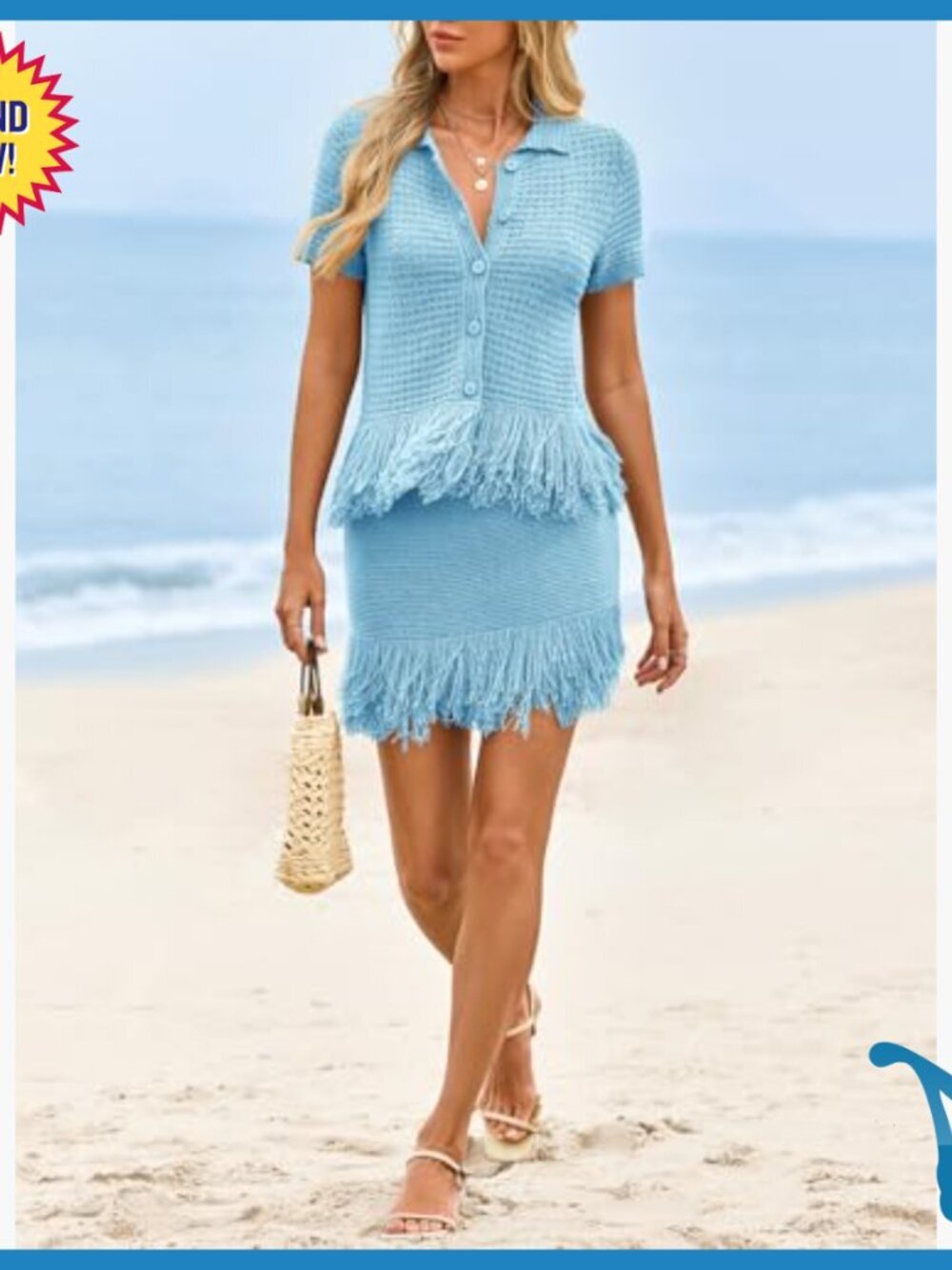 Crochet Button Sweater Fringe Skirt Set Summer Beach Cover Up - Picture 6 of 7